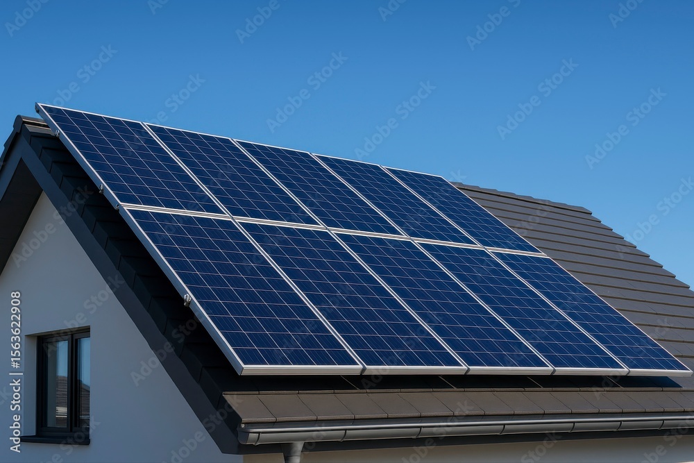 Solar panels installed on a rooftop against a clear blue sky above house