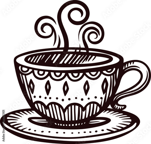 Intricately detailed vintage tea cup with steam in hand drawn engraved on saucer isolated on white background