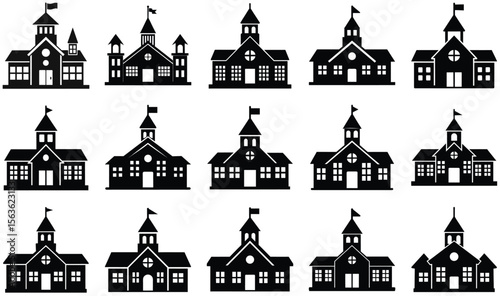 Black Vector Silhouette of School Building with Flag, Clock Tower, Square Windows, Triangular Roof