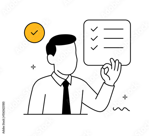 Businessman making OK gesture with checklist. Success confirmation illustration. Professional man checking goals.
