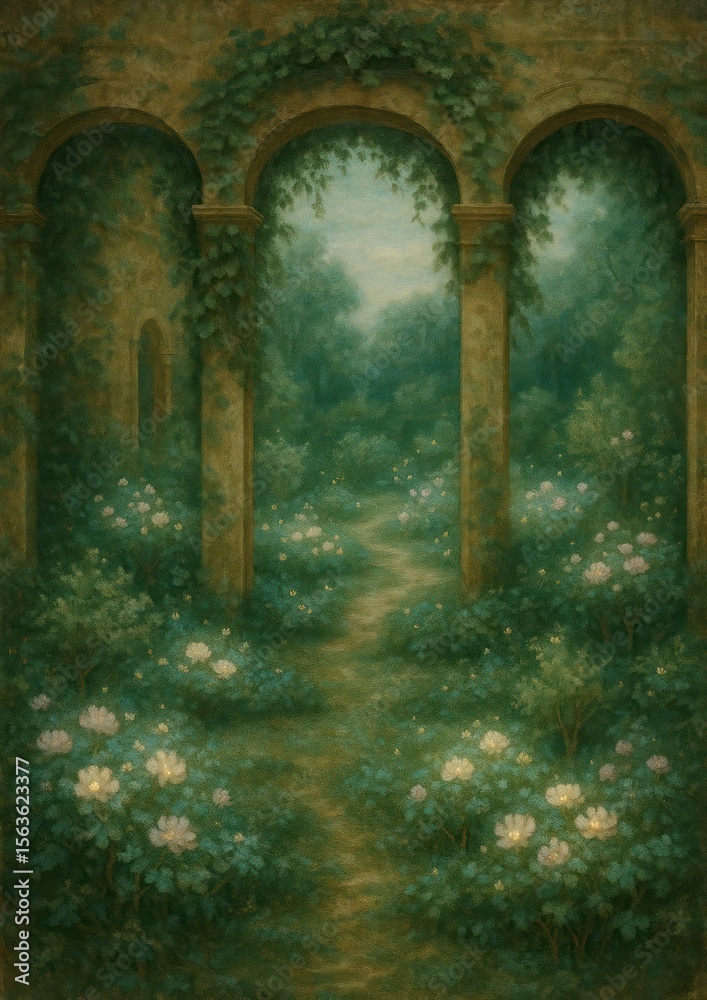 Obraz premium Enchanted garden with floral archway.