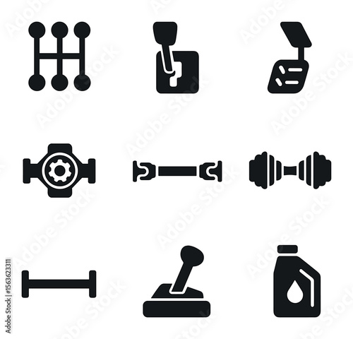 Transmission Icons Set. Solid, filled icons set of transmission and drivetrain: manual gearbox, automatic