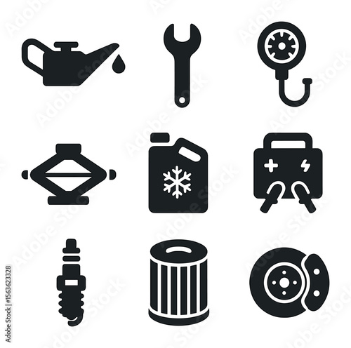 Car Maintenance Icons. Solid, filled icons set of car maintenance essentials: oil can, wrench, tire pressure