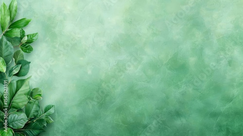 Collection of green leaves clustered along the left edge set against softly textured light green background with subtle gradient