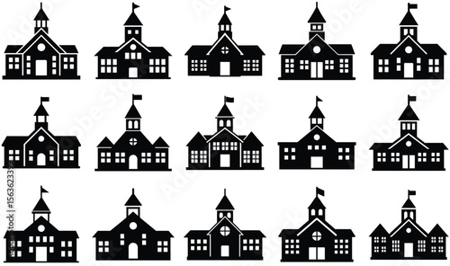 School Building Silhouette with Clock Tower, Flag, and Symmetrical Square Windows