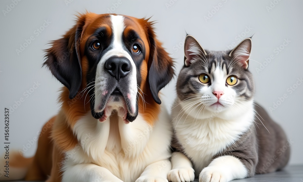 Obraz premium Attentive Saint Bernard and Grey Cat in Intimate Portrait Against Light Grey Background