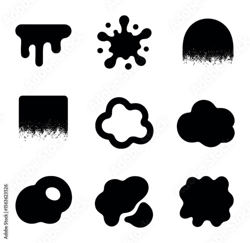 Graffiti Icon Grid. Solid, filled icons set of graffiti paint effects: paint drip, splatter, fade, gradient,