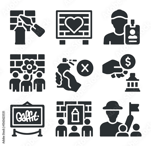 Urban Art Icon Set. Solid, filled icons set of urban art preservation and legal issues: graffiti removal,