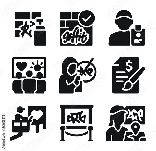 Urban Art Icon Set. Solid, filled icons set of urban art preservation and legal issues: graffiti removal,