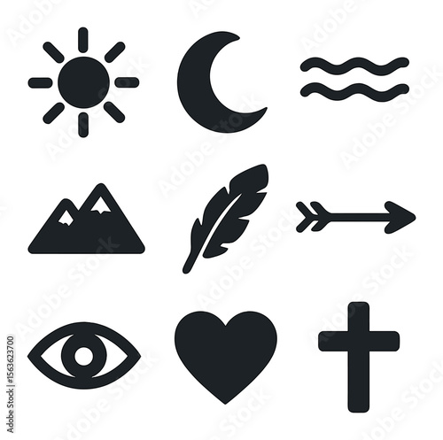 Symbolic Body Art Icons. Solid, filled icons set of symbolic body art elements: sun, moon, waves, mountains,