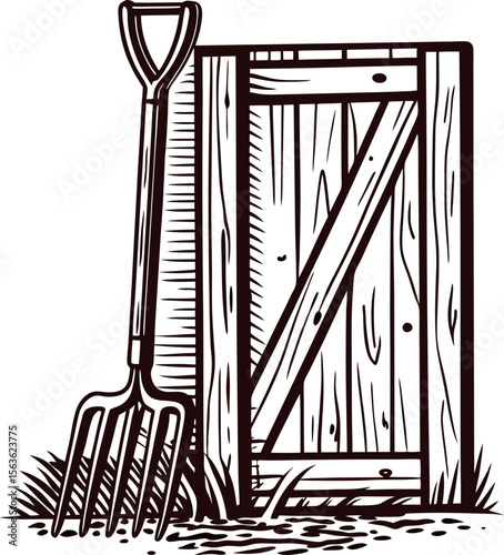 Hand drawn vintage wooden barn door with pitchfork and grass in farmhouse sketch illustration