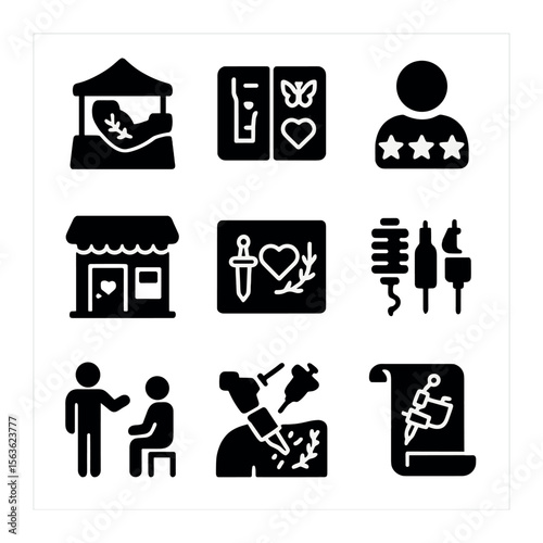 Tattoo Culture Icons. Solid, filled icons set of tattoo culture and community: tattoo convention, artist