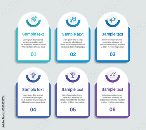 Infographic design business template with 6 options, steps. Can be used for workflow layout, diagram, annual report, web design	