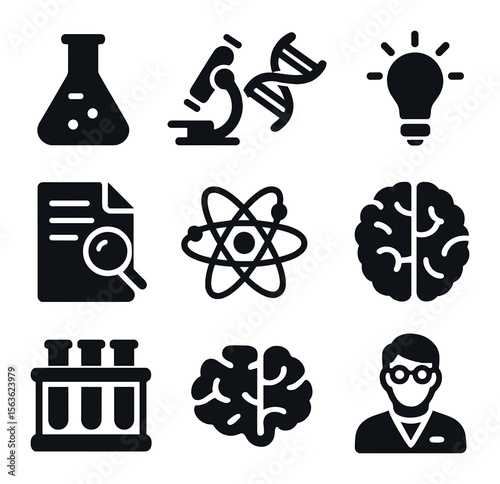 Scientific Icon Grid. Solid, filled icons set of scientific discovery and innovation: laboratory flask,