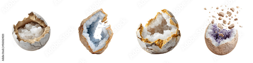 Fototapeta premium Geode Collection: Beautiful Crystal Formations Isolated on White Background, Set of Four