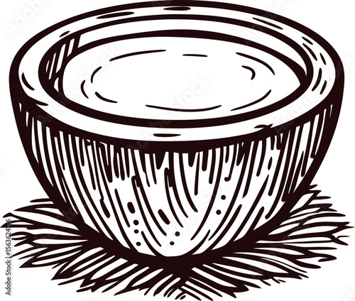 Hand drawn coconut shell bowl with crosshatch detail and textured surface illustration
