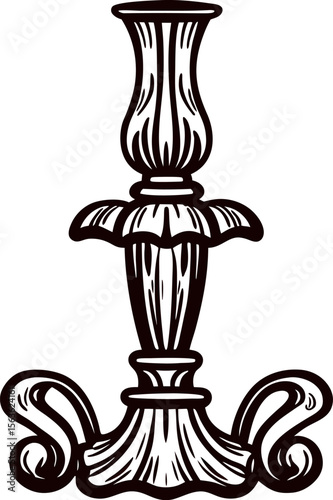 Ornate antique candlestick holder with baroque decorative details vintage hand drawn engraved metal illustration