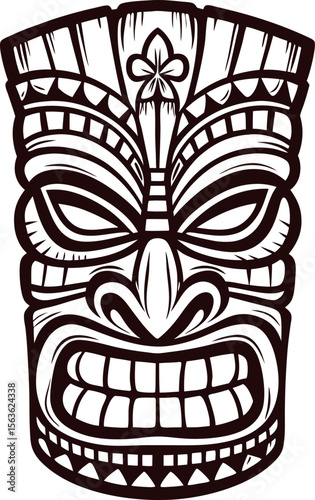 Traditional tribal tiki mask illustration with bold black lines and intricate patterns on white background