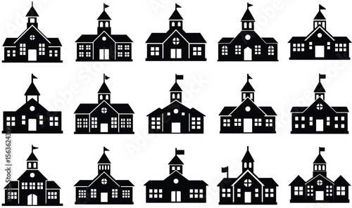 Stylized Black Silhouette of School Building with Clock Tower, Flag, and Square Windows Vector