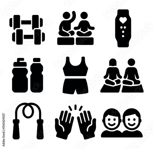 Fitness Icon Set. Solid, filled icons set of friends working out together: dumbbells, yoga blocks, fitness