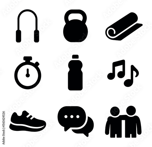 Workout Icons Set. Solid, filled icons set of workout group dynamics: jump rope, kettlebell, fitness mat,