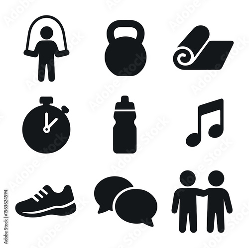 Workout Icons Set. Solid, filled icons set of workout group dynamics: jump rope, kettlebell, fitness mat,