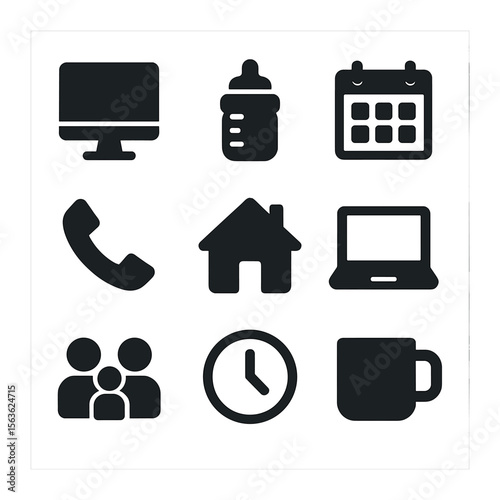 Balancing Work and Family. Solid, filled icons set of managing work and family: desktop computer, baby bottle,