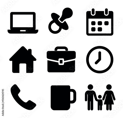Work-Life Balance Icons. Solid, filled icons set of family and career balance: laptop, baby pacifier, calendar