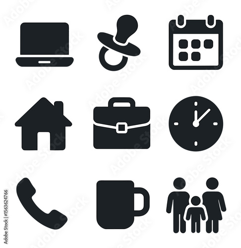 Work-Life Balance Icons. Solid, filled icons set of family and career balance: laptop, baby pacifier, calendar