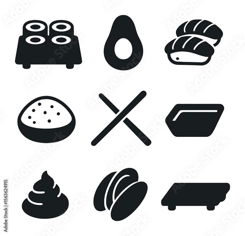 Sushi Icons Grid. Solid, filled icons set of sushi platter: assorted rolls, avocado, fish pieces, rice,