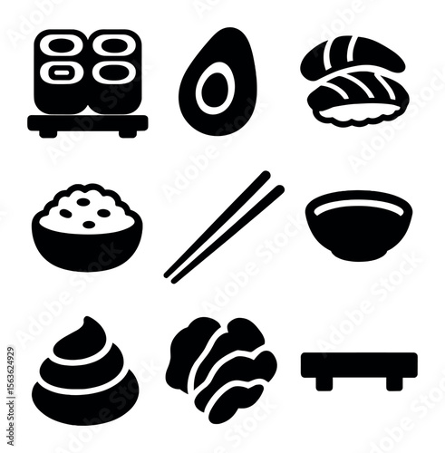 Sushi Icons Grid. Solid, filled icons set of sushi platter: assorted rolls, avocado, fish pieces, rice,