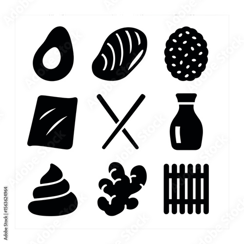 Sushi Ingredients Icons. Solid, filled icons set of sushi ingredients close-up: avocado, salmon, rice, seaweed