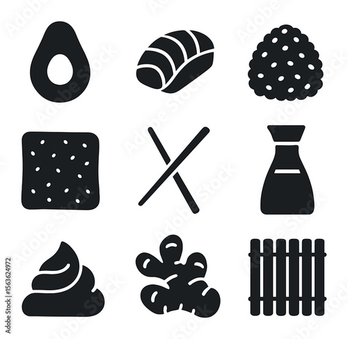 Sushi Ingredients Icons. Solid, filled icons set of sushi ingredients close-up: avocado, salmon, rice, seaweed