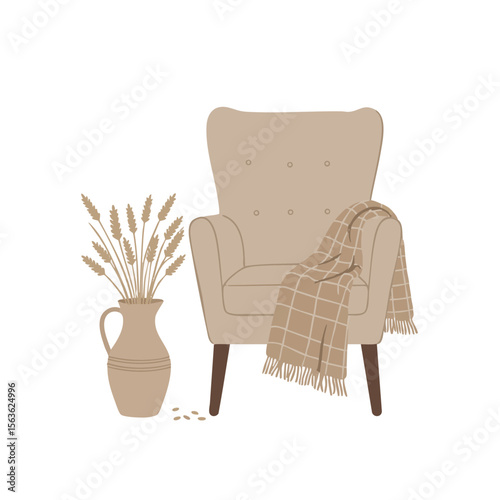 Farmhouse Chair with Plaid Throw and Wheat in Jug, Cozy Vector Scene