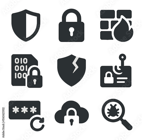 Information Security Icons. Solid, filled icons set of information security: shield, lock, firewall, encrypted