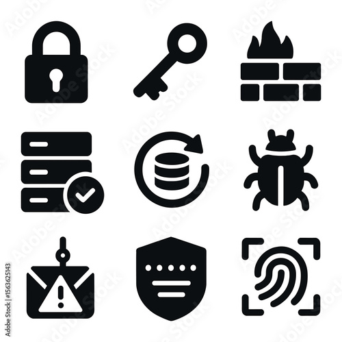 Data Protection Icons. Solid, filled icons set of data protection: padlock, encryption key, firewall, secure
