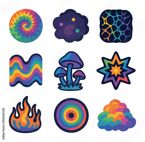 Psychedelic Icon Grid. Solid, filled icons set of psychedelic textures: tie-dye swirls, cosmic dust, fractal