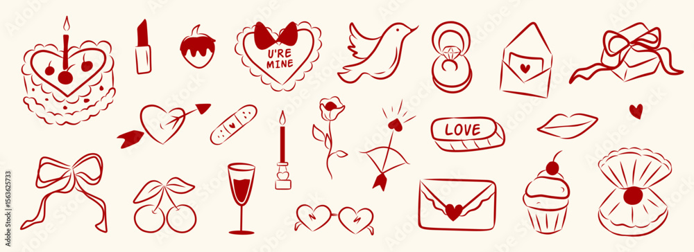 custom made wallpaper toronto digitalSet of hand drawn cute elements for Valentines day, wedding invitation, birthday card. Girly bows, hearts, ribbons, cherry, cake, heart frame, strawberry. Vintage elegant coquette vector illustration.