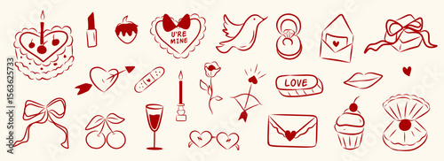 Set of hand drawn cute elements for Valentines day, wedding invitation, birthday card. Girly bows, hearts, ribbons, cherry, cake, heart frame, strawberry. Vintage elegant coquette vector illustration.