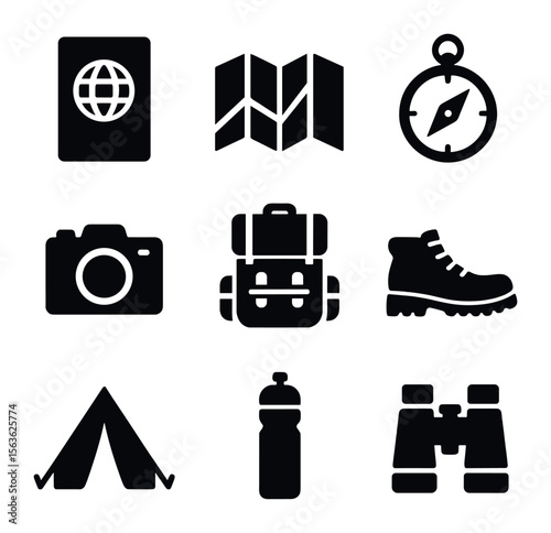 Travel Essentials Icons. Solid, filled icons set of travel essentials: passport, map, compass, camera,