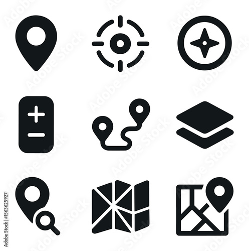 Geolocation Tool Icons. Solid, filled icons set of geolocation tools: map marker, GPS tracker, compass, zoom