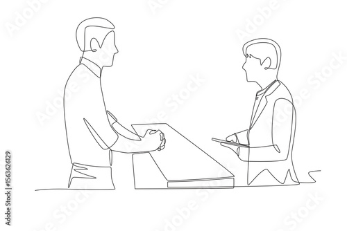 Male guest wants to check in at the reception. Checking into a hotel concept one-line drawing