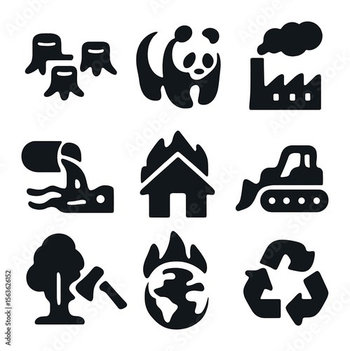 Environmental Icon Grid. Solid, filled icons set of environmental damage: clear-cut forest, endangered species