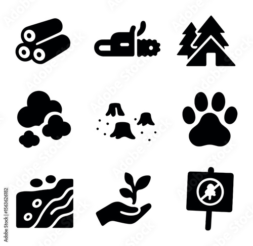Forest Resource Icons. Solid, filled icons set of forest resource exploitation: timber pile, chainsaw, logging
