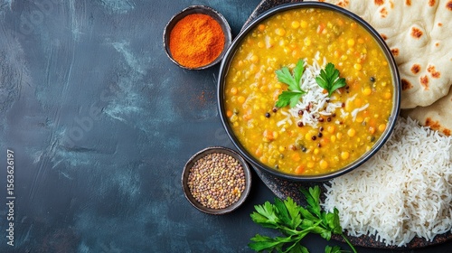 A warm, comforting meal featuring red lentil soup with coconut milk, aromatic curry spices, basmati rice, and naan on a textured dark blue background.