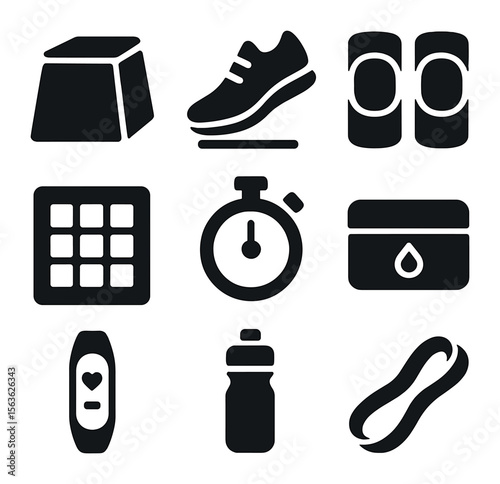 Box Jump Icons. Solid, filled icons set of box jumps training: plyometric box, jumping shoes, knee pads, gym
