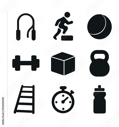 Strength & Agility Icons. Solid, filled icons set of strength and agility training: jump rope, box jumps,