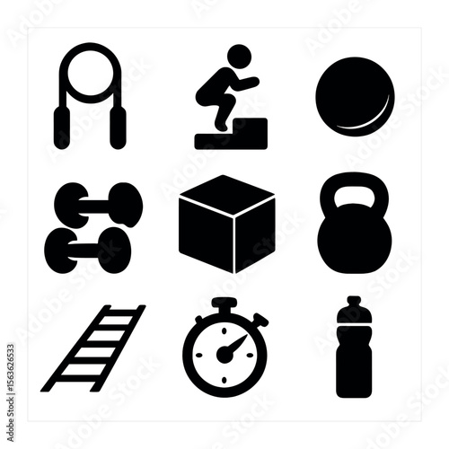 Strength & Agility Icons. Solid, filled icons set of strength and agility training: jump rope, box jumps,