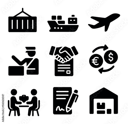 Cross-Border Trade Icons. Solid, filled icons set of cross-border trade: shipping container, cargo ship,