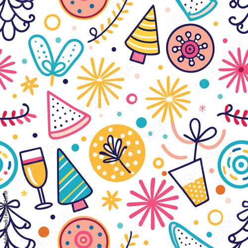 Fun, colorful, hand-drawn pattern with celebratory elements like trees, fireworks, and fruits